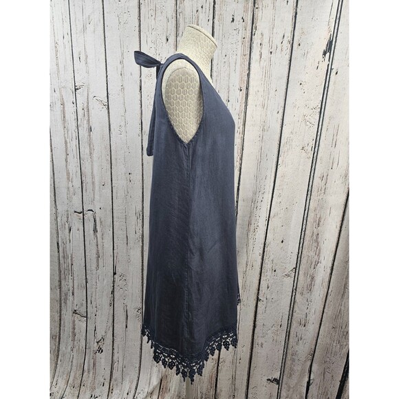 ALK Women's XS Rosemarine Navy Blue Crochet Hem 100% Linen Tie Back Shift Dress - Picture 3 of 6